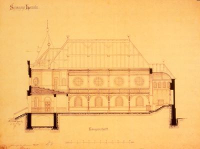 Lngsschnitt der Hamelner Synagoge, Entwurfsskizze von Edwin Oppler