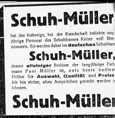Die Geschäftsanzeige von "Schuh-Müller" aus der Dewezet
